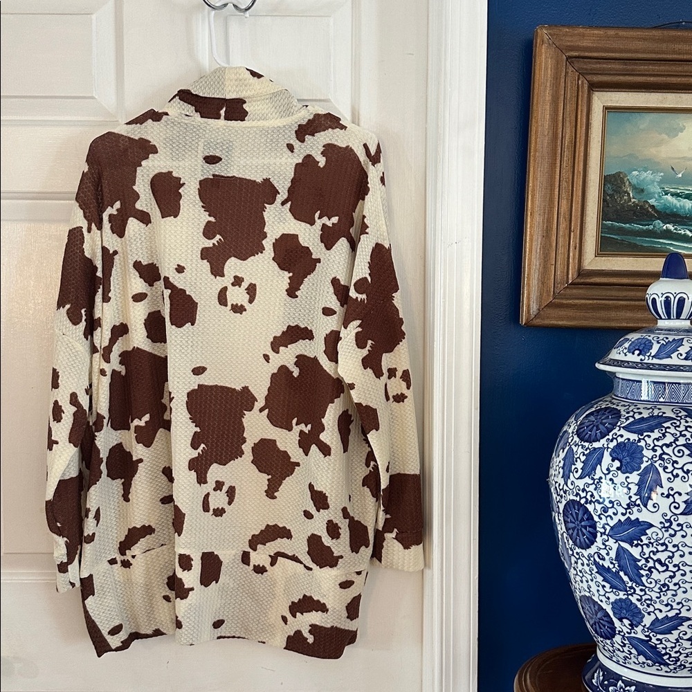 NWOT Women’s Simply Southern Brown & Cream Cow Print Waffle Knit Cardigan Sz L - Picture 5 of 8